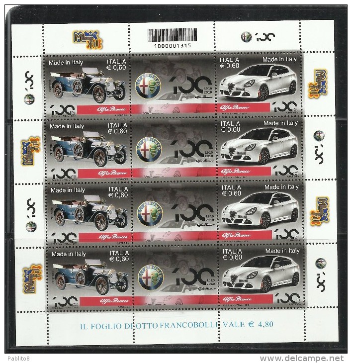 ITALIA REPUBBLICA ITALY REPUBLIC 2010 MADE IN ITALY ALFA ROMEO BLOCCO FOGLIETTO BLOCK SHEET MNH - Blocchi & Foglietti