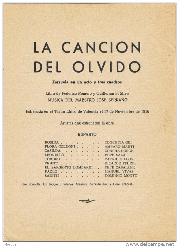 17906. Programa Zazuela 1 Acto, Maestro SERRANO. La Cancion Del Olvido 1958 - Programmes