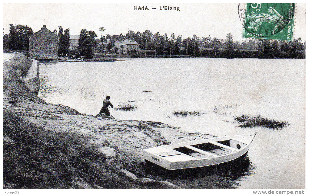 Cpa 1908, HEDE, L´étang : Une Lavandière Lave Son Linge Près D´une Barque  (52.02) - Autres & Non Classés