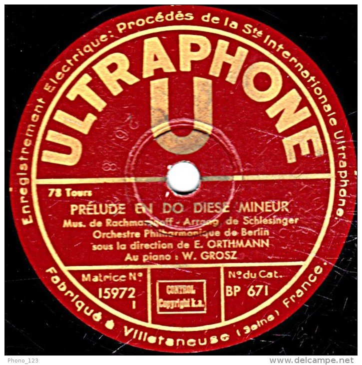 78 Trs - 25 Cm - état B - Orchestre Philharmonique De Berlin - PRELUDE EN DO DIESE MINEUR - RÊVE D'AMOUR - 78 T - Disques Pour Gramophone