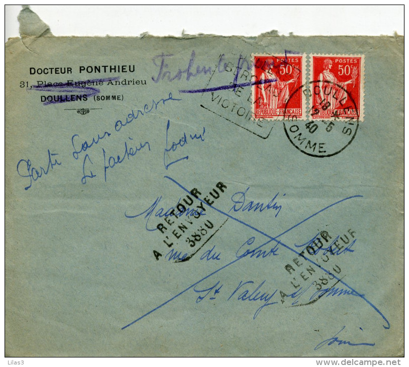 DOULLENS SOMME Daguin 12/5/40 2 TIMBRES Paix 50c Rouge N°283 RETOUR A L´ENVOYEUR 3880 DE St Valéry Sur Somme - Lettres & Documents