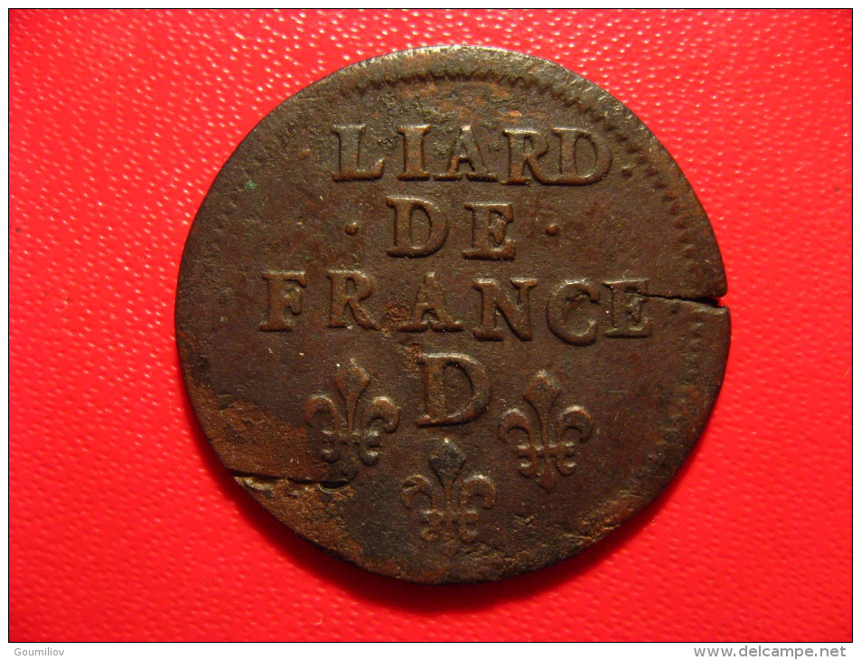 Liard de France 1655 D Lyon Louis XIV - Coeur entre Roy et De, flan fissuré 9079