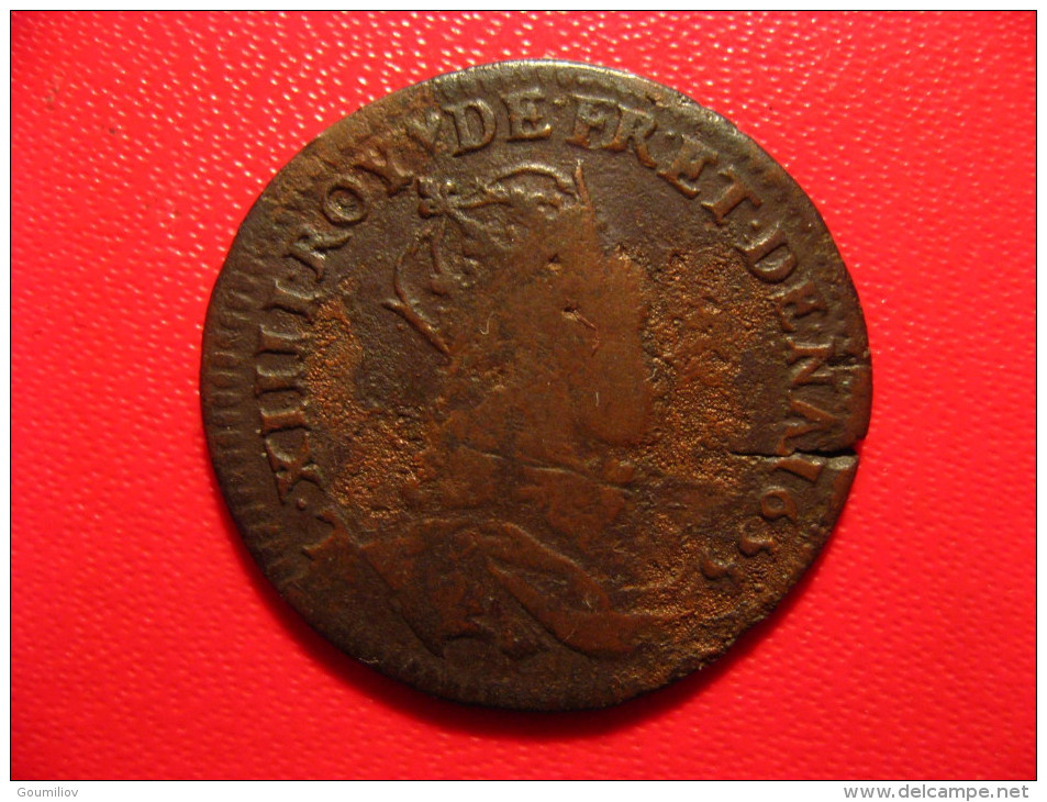 Liard de France 1655 D Lyon Louis XIV - Coeur entre Roy et De, flan fissuré 9079