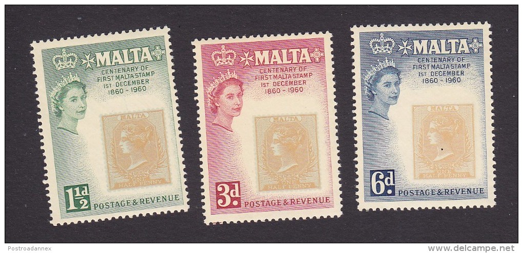 Malta, Scott #281-283, Mint Hinged, Stamp Of 1860, Issued 1960 - Malta