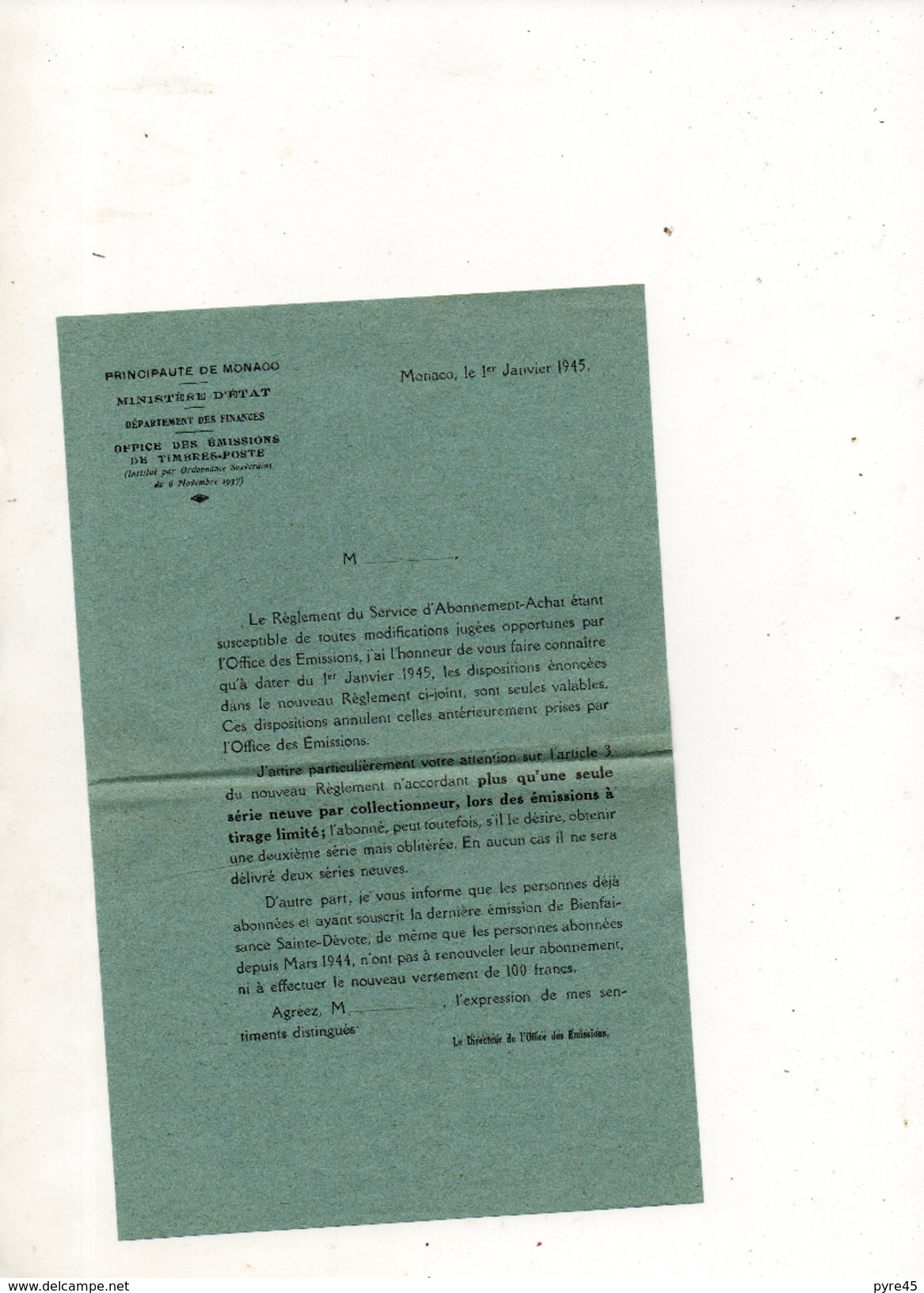 MONACO ENVELOPPE DU 27 FEVRIER 1945 DE MONACO POUR TOULOUSE + FEUILLE DU SERVICE D ABONNEMENT - Covers & Documents