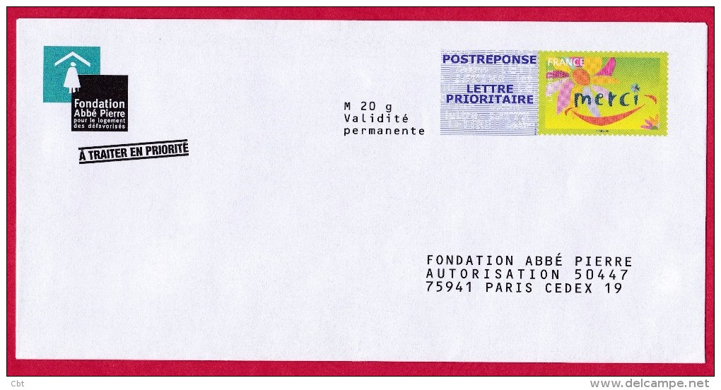 PAP – Post Réponse Merci – Fondation Abbé Pierre – 10P357 ( 2883) - Prêts-à-poster:reply