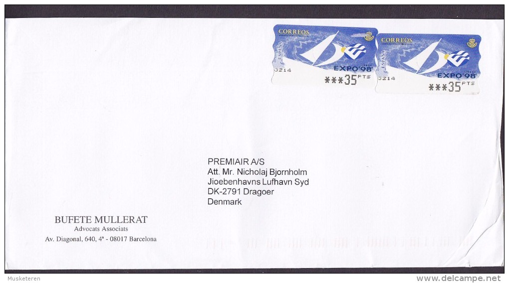 Spain BUFETE MULLERAT, BARCELONA (Uncancelled) Cover Letra Denmark 2x ATM / Frama Labels EXPO ´98 - Maschinenstempel (EMA)