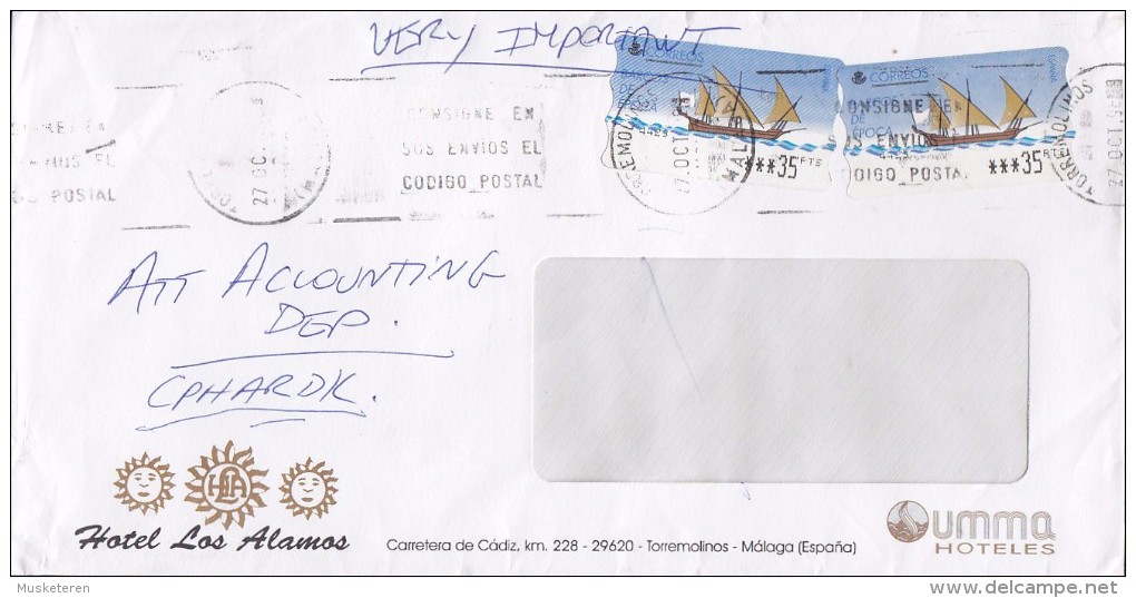 Spain HOTEL LOS ALAMOS (Umma Hotels), MALAGA 1998 Cover Letra VERY IMPORTANT 2x ATM / Frama Labels Schiff Ship - Maschinenstempel (EMA)