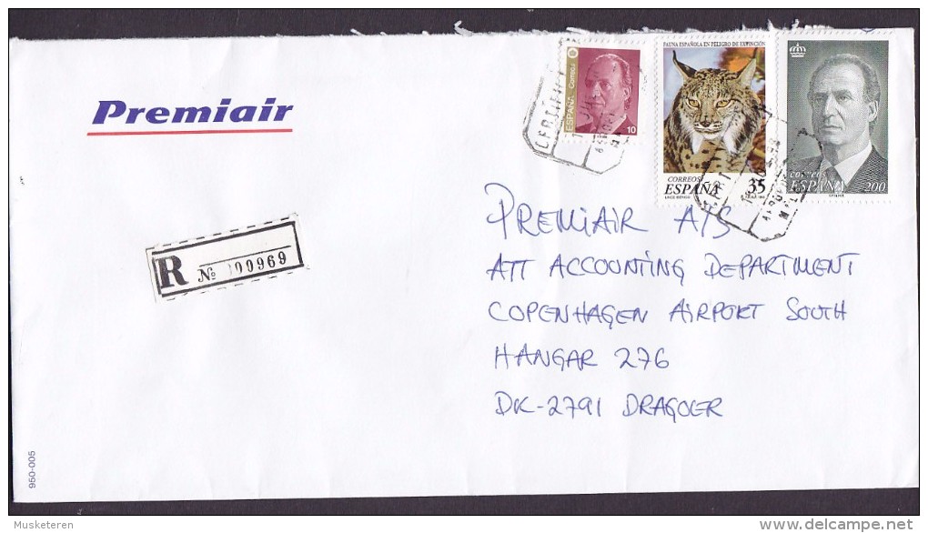 Spain PREMIAIR Registered Certificado Label AEROPUERTO MALAGA 1998 Cover Letra Denmark Juan Carlos & Lynx Cat Katze - Briefe U. Dokumente