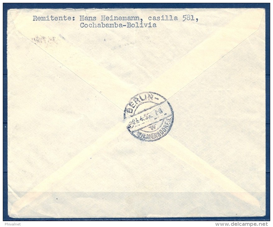 1956 , BOLIVIA , SOBRE CERTIFICADO CIRCULADO ENTRE COCHABAMBA Y BERLÍN , LLEGADA AL DORSO - Bolivia