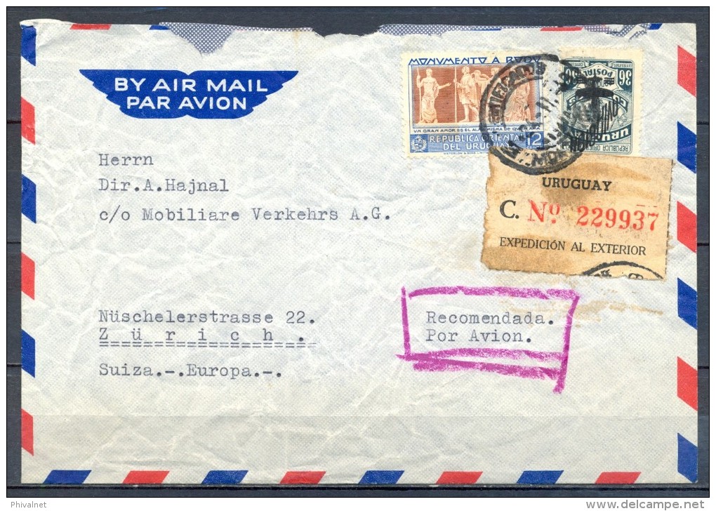 1949 , URUGUAY , SOBRE CERTIFICADO CIRCULADO ENTRE MONTEVIDEO Y ZÜRICH , EXPEDICIÓN AL EXTERIOR, LLEGADA - Uruguay