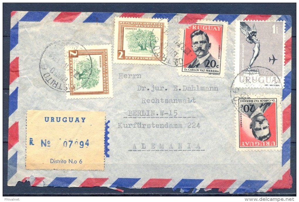 1960 , URUGUAY , CERTIFICADO CIRCULADO A BERLIN , DISTRITO Nº 6 , SERVICIO AÉREO - Uruguay