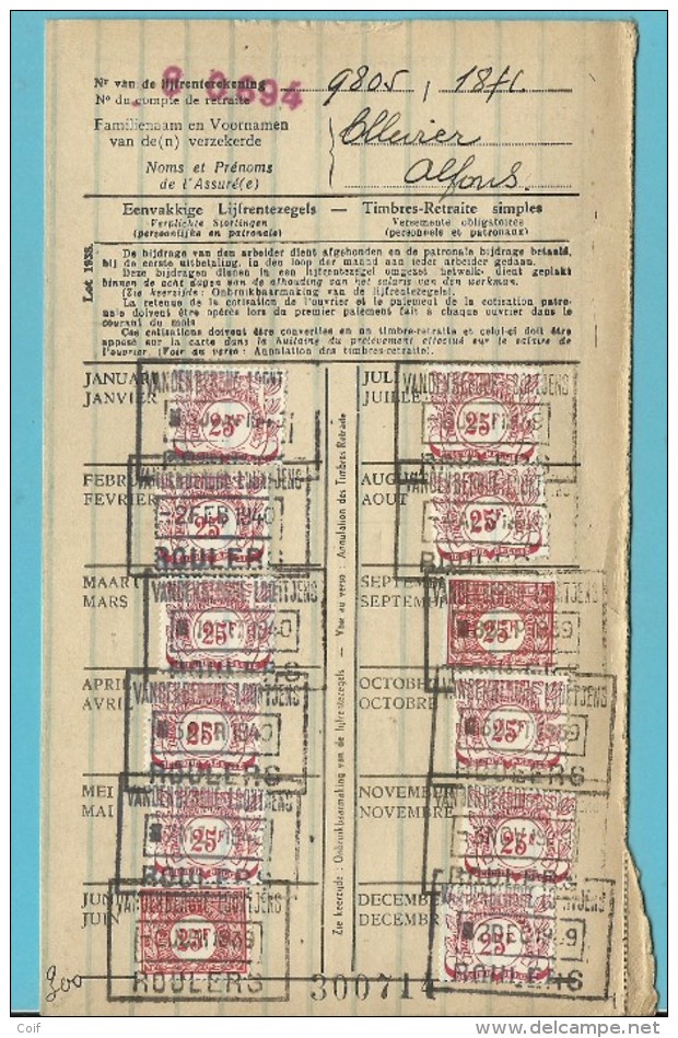 Dokument Met Zegels LIJFRENTEZEGEL / Timbres De Retraite Met Privestempel VANDENBERGHE-LOONTJENS ROULERS 1939-40 - Documents