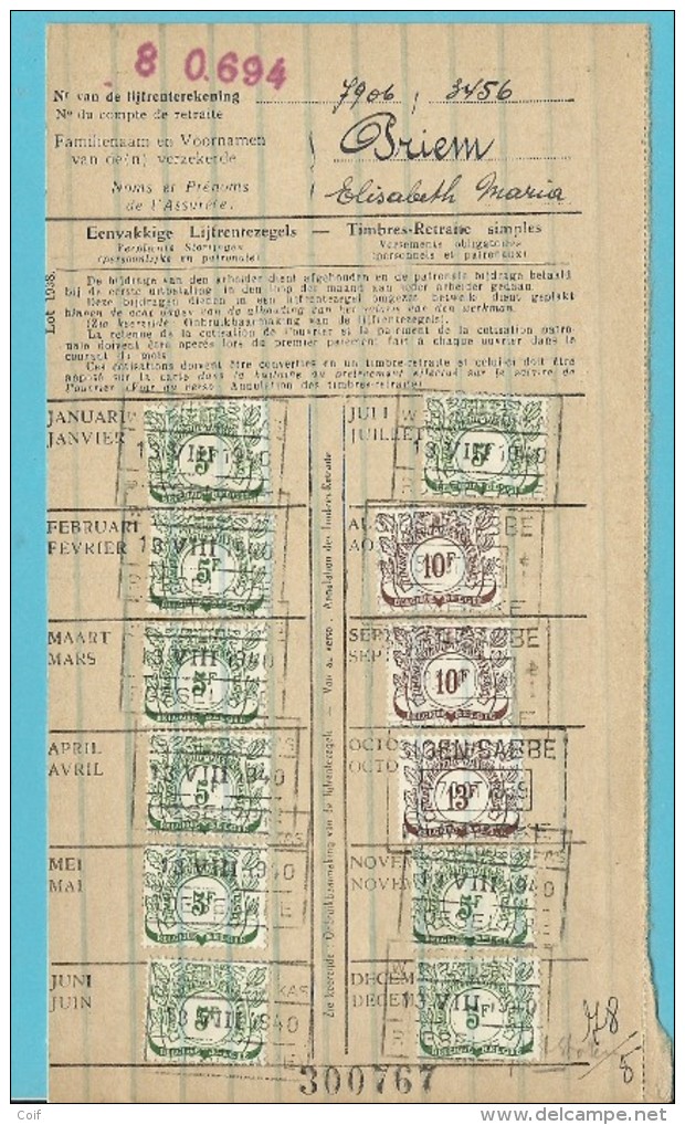 Dokument Met Zegels LIJFRENTEZEGEL / Timbres De Retraite Met Privestempel SIOEN-SABBE ROULERS 1939-40 - Documents