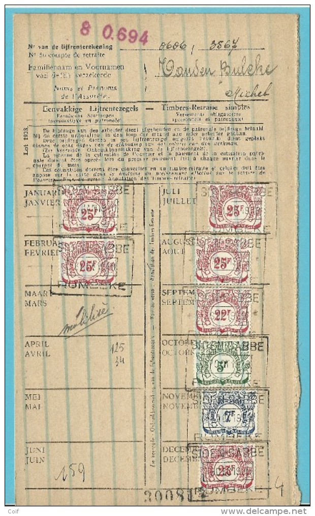 Dokument Met Zegels LIJFRENTEZEGEL / Timbres De Retraite Met Privestempel SIOEN-SABBE ROULERS 1939-40 - Documents