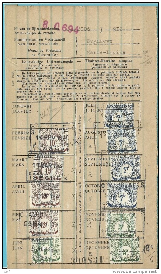 Dokument Met Zegels LIJFRENTEZEGEL / Timbres De Retraite Met Privestempel TANGHE ISEGHEM 1939-40 - Documentos