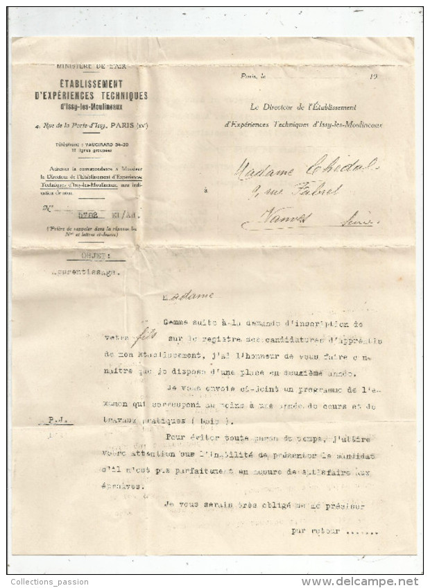 Courrier , Ministère De L'Air , établissement D'expériences Techniques Issy Les Moulineaux,  2 Scans , Frais Fr : 1.55€ - Autres & Non Classés