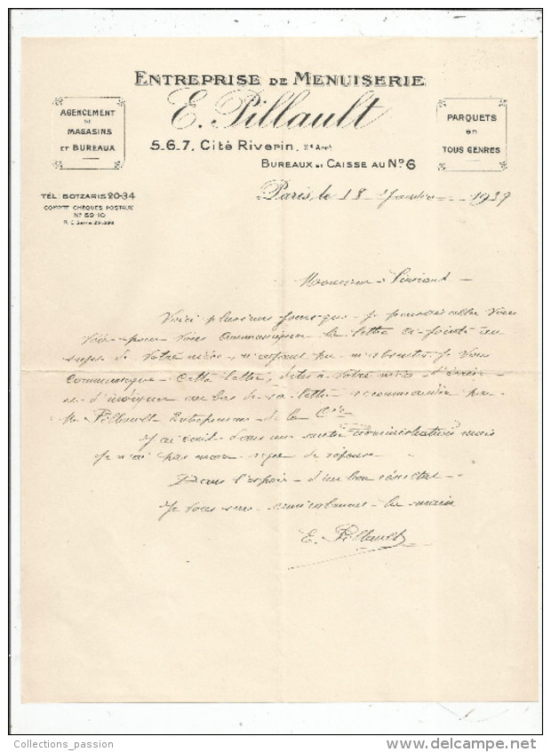 Lettre Commerciale , 1939 , Entreprise De Menuiserie E. PILLAULT , Paris X E  , Frais Fr : 1.55€ - 1800 – 1899