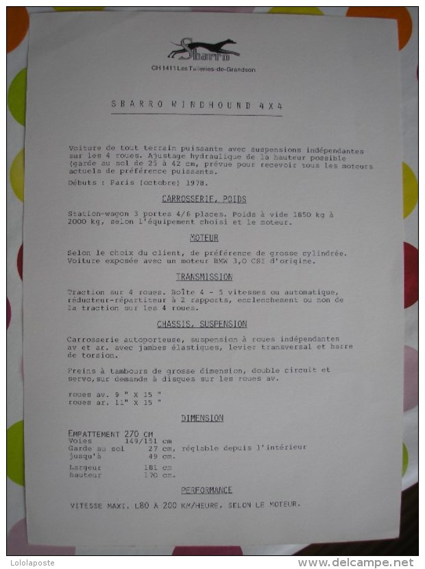 THEME AUTO -  6 Photos Format 21X29,7 Cm De 6 Types De Sbarro Différentes - Automobili