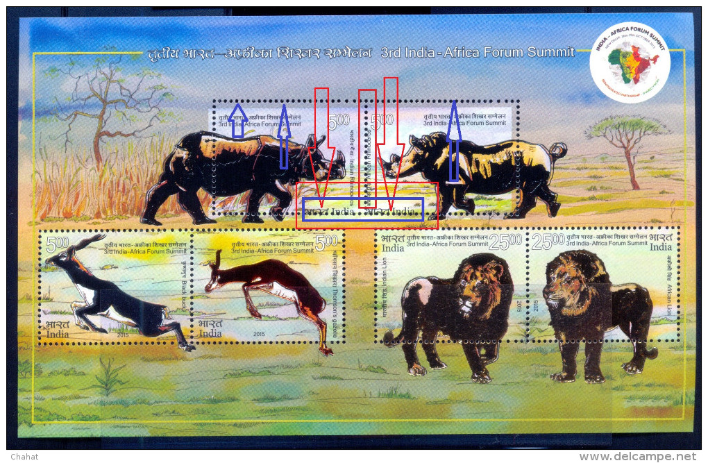 WILDLIFE-RHINOCEROS-LIONS-GAZELLE-3rd INDIA-AFRICA SUMMIT-GOLD LAQURED-MS-ERROR-NDIA-2015-RARE-MNH-D3-14 - Variétés Et Curiosités