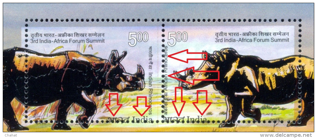 WILDLIFE-RHINOCEROS-LIONS-GAZELLE-3rd INDIA-AFRICA SUMMIT-GOLD LAQURED-MS-ERROR-NDIA-2015-RARE-MNH-D3-14 - Errors, Freaks & Oddities (EFO)