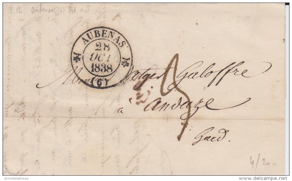 Cachet à Date (CAD) D´Aubenas (Ardèche) De 1838 T3 Noir - 1801-1848: Vorläufer XIX