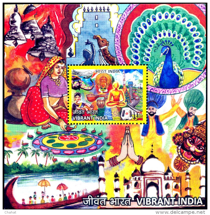 BIRDS-PEACOCK-TAJMAHAL-CARNIVAL-BHANGRA-VIBRANT INDIA-MS-ERROR-BLACK SHIFTED-INDIA-2016-SCARCE-MNH-D3-16 - Pauwen