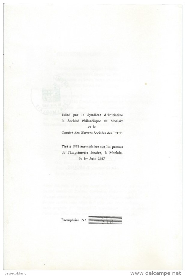 Plaquette De Prestige/Premier Jour/10 Juin 1967/MORLAIX/Côtes Du Nord/Timbre/ Bequet/Graveur/1967  TIMB94 - Sonstige & Ohne Zuordnung