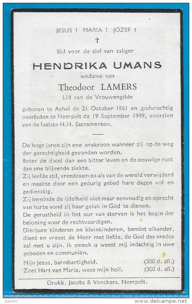 Bidprentje Van Hendrika Umans -Achel - Neerpelt - 1861 - 1949 - Devotieprenten