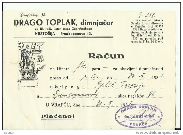 CROATIA  --  ZAGREB, KUSTOSIJA  --  FACTURE, INVOICE  --  1938  --  DRAGO TOPLAK  --  DIMNJACAR, MONEUR, CHIMNEY SWEEP - Sonstige & Ohne Zuordnung