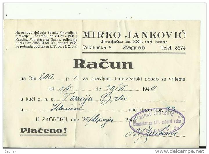 CROATIA  --  ZAGREB  --  FACTURE, INVOICE  --  1940  --  MIRKO JANKOVIC  --  DIMNJACAR, MONEUR, CHIMNEY SWEEP - Sonstige & Ohne Zuordnung