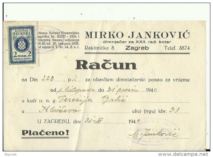 CROATIA  --  ZAGREB  --  FACTURE, INVOICE  --  TAX STAMP, 1940  --  MIRKO JANKOVIC  --  DIMNJACAR, MONEUR, CHIMNEY SWEEP - Sonstige & Ohne Zuordnung