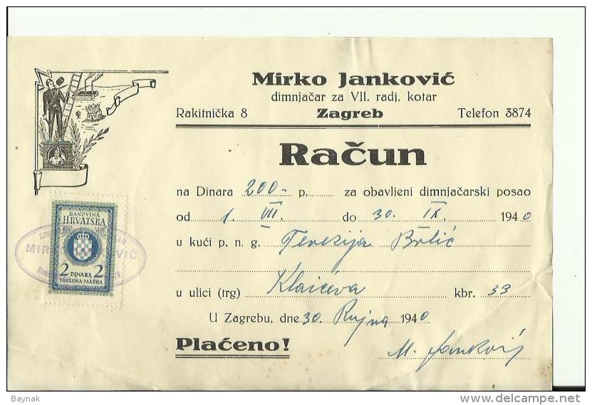 CROATIA  --  ZAGREB  --  FACTURE, INVOICE  --  TAX STAMP, 1940  --  MIRKO JANKOVIC  --  DIMNJACAR, MONEUR, CHIMNEY SWEEP - Sonstige & Ohne Zuordnung