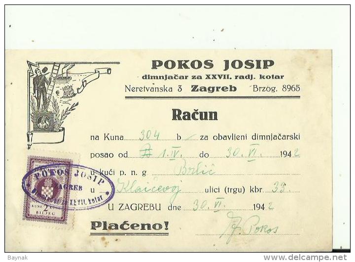 CROATIA  --  ZAGREB  --  FACTURE  --  TAX STAMP, NDH,  1942  --  POKOS J.  --  DIMNJACAR, MONEUR, CHIMNEY SWEEP - Sonstige & Ohne Zuordnung