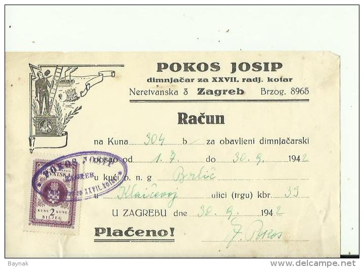 CROATIA  --  ZAGREB  --  FACTURE  --  TAX STAMP, NDH,  1942  --  POKOS J.  --  DIMNJACAR, MONEUR, CHIMNEY SWEEP - Sonstige & Ohne Zuordnung