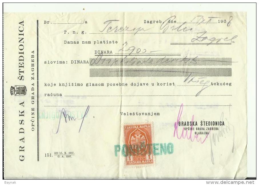 CROATIA  -   ZAGREB  --  GRADSKA STEDIONICA   --   4 X FACTURE - 1938  -  WITH TAX STAMP - Sonstige & Ohne Zuordnung