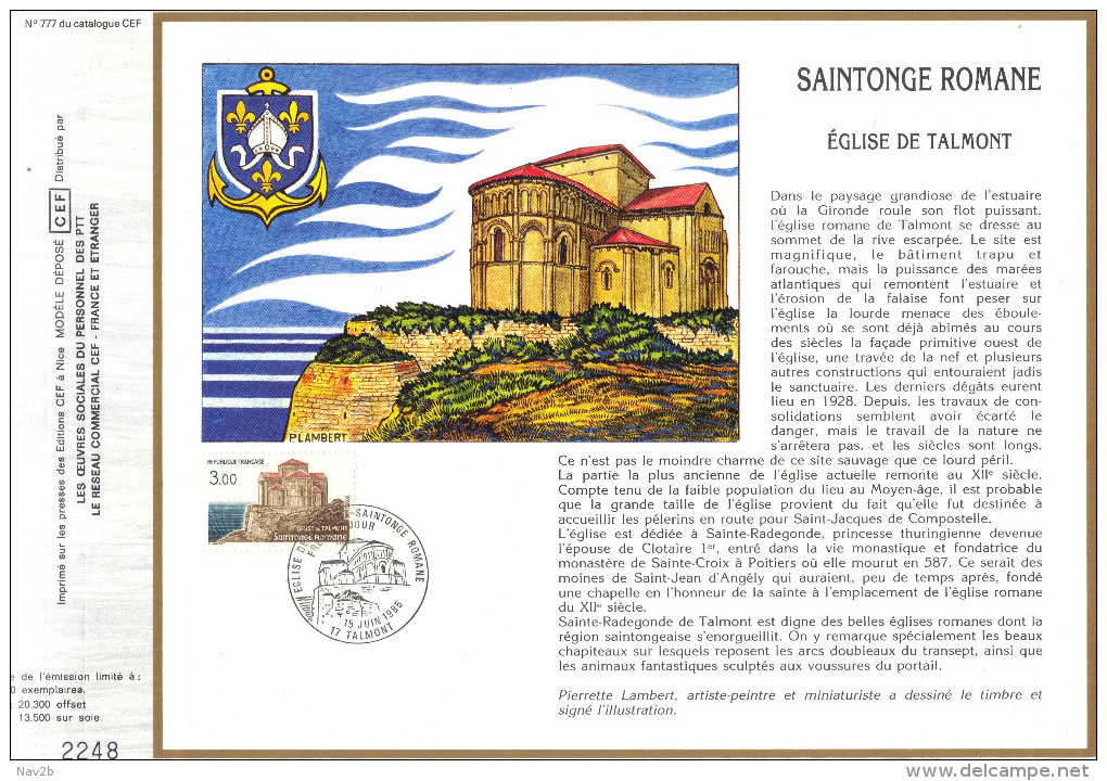 Sur Feuillet CEF , FDC  1985 Talmont . Saintonge Romane ...sur La Route De St Jacques De Compostelle ...récit. - Iglesias Y Catedrales