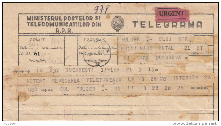 TELEGRAMME SENT FROM CLUJ NAPOCA TO BUCHAREST, 1962, ROMANIA - Télégraphes