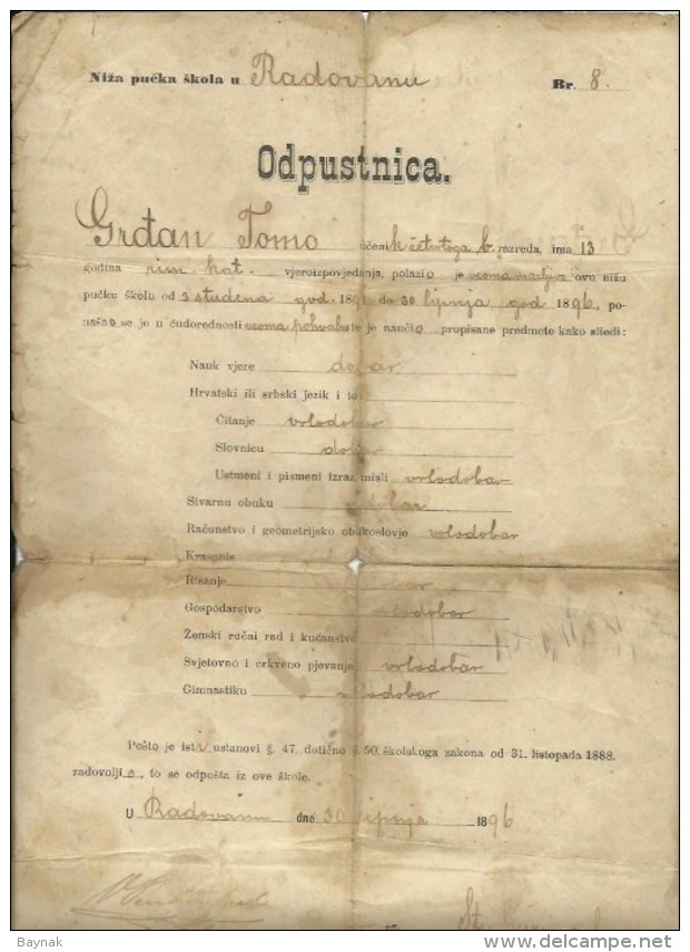 CROATIA, RADOVAN, VARAZDIN  --   NIZA PUCKA SKOLA  --  ODPUSTNICA, CERTIFICATE  - 1896 - Diplome Und Schulzeugnisse