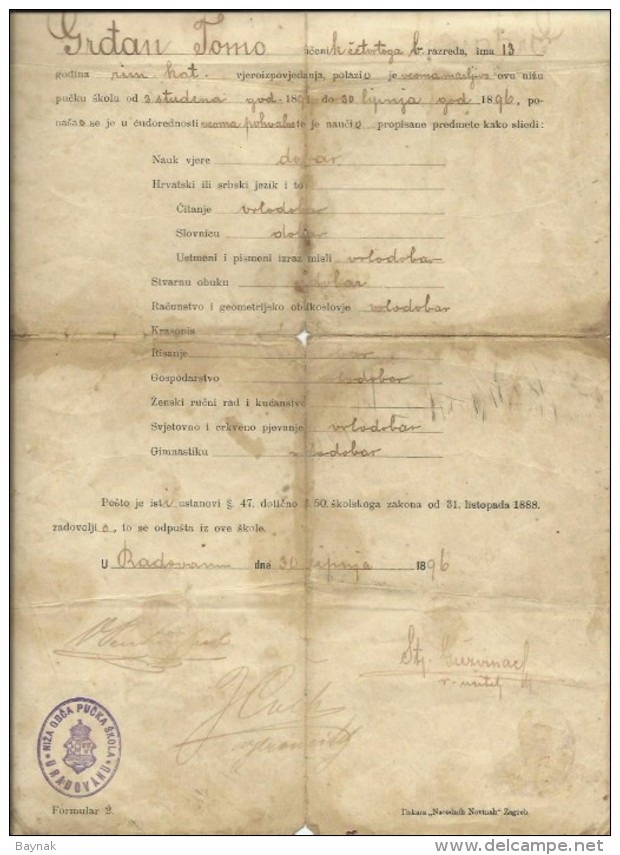 CROATIA, RADOVAN, VARAZDIN  --   NIZA PUCKA SKOLA  --  ODPUSTNICA, CERTIFICATE  - 1896 - Diplome Und Schulzeugnisse