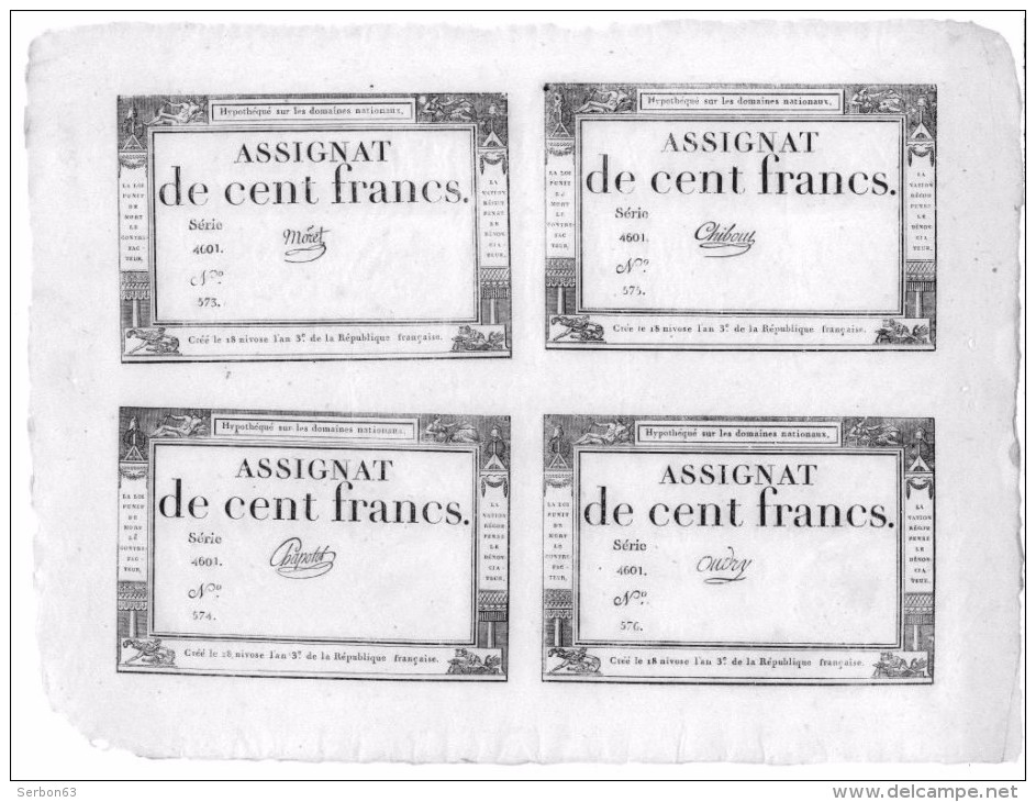 1 FEUILLE 4 ASSIGNATS DONT UN AVEC VARIÉTÉ LE MOT CREE A UN SEUL ACCENT SÉRIE 4601 N° 573-574-575-576 COMME NEUVE PATINE - Assignats