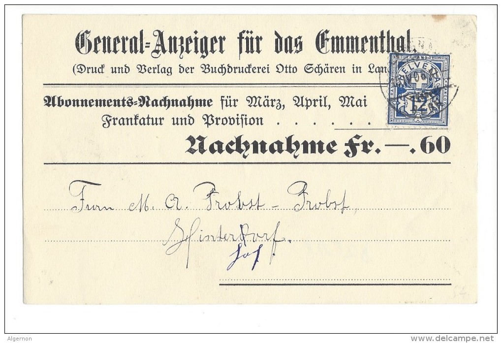 14508 -  Nachnahme General-Anzeiger Für Das Emmenthal Pour Langnau 15.04.1906 - Lettres & Documents
