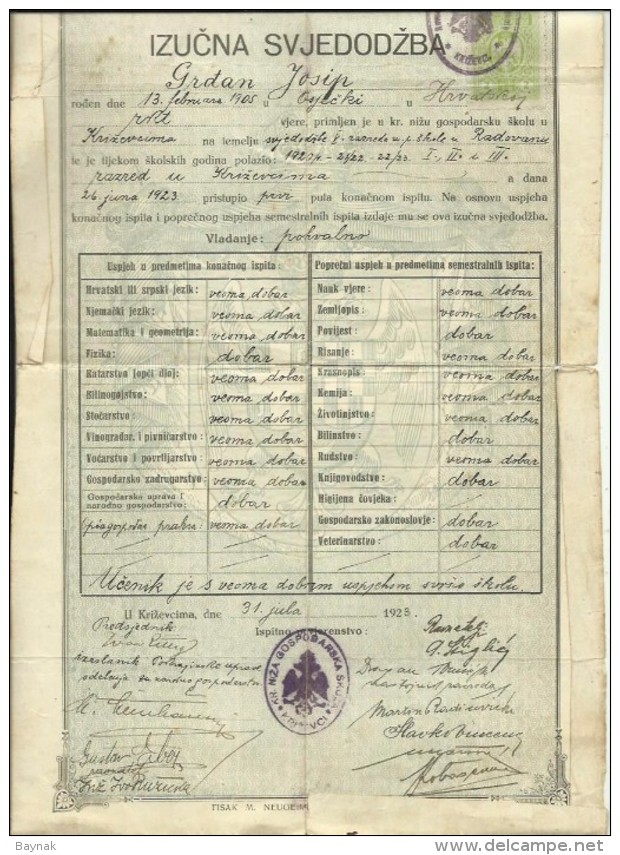 CROATIA, KRIZEVCI   --   KR. NIZA GOSPODARSKA SKOLA  --   SCHOOL DIPLOMA  - 1923  --  TAX STAMP - Diploma & School Reports