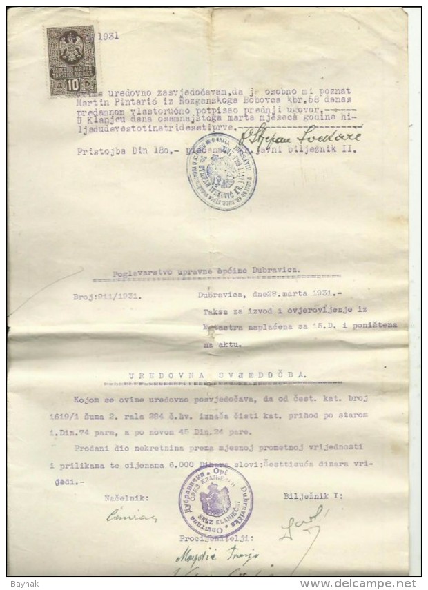 CROATIA, KRAPINA  --  1931  --  KUPOPRODAJNI UGOVOR  --  CONTRACT  --  TAX STAMP - Historische Dokumente