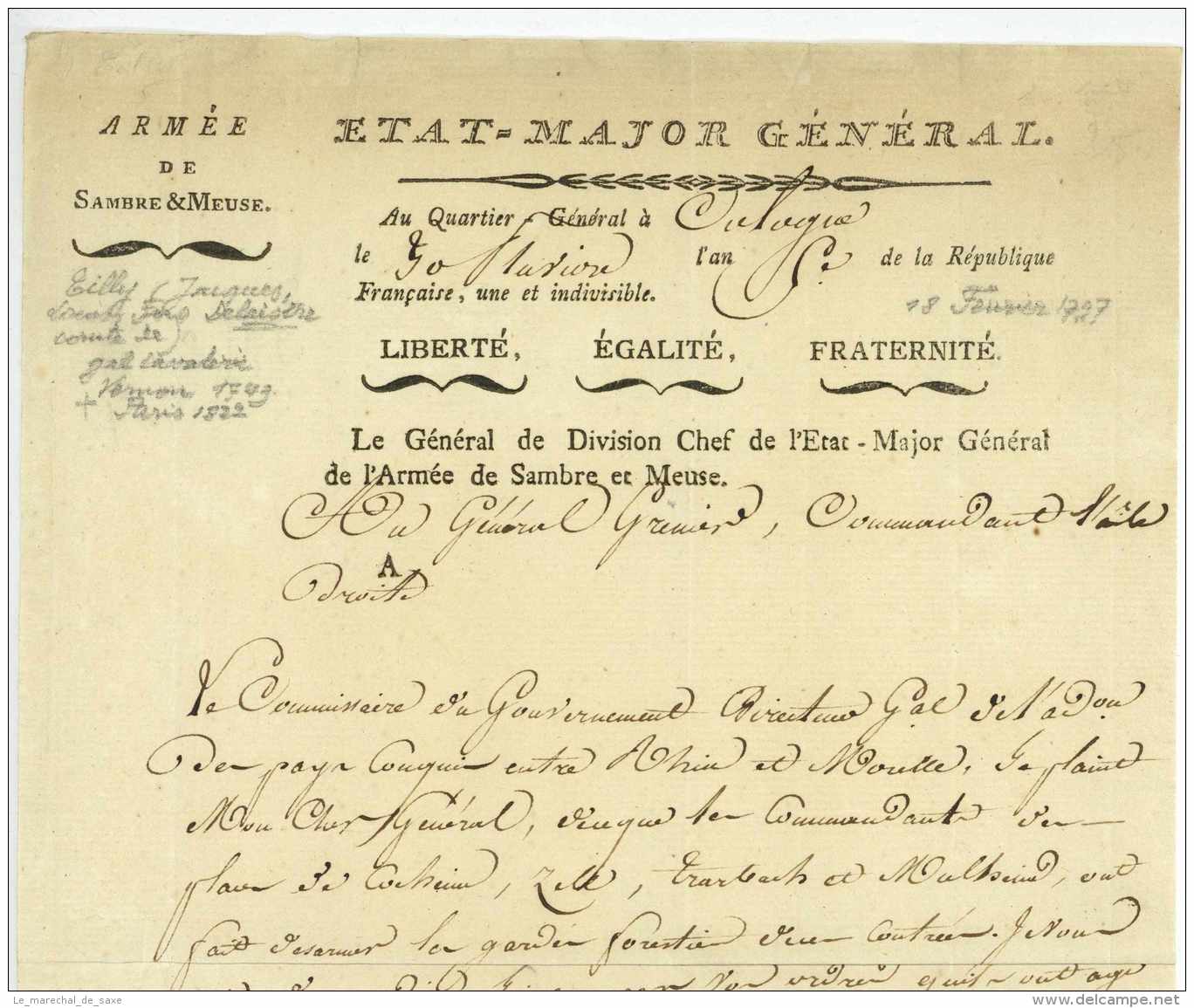 ARMEE DE SAMBRE ET MEUSE - J.L.F. Delaistre De TILLY (1749-1822) - Général - Cologne/Köln 1797 - Army Postmarks (before 1900)