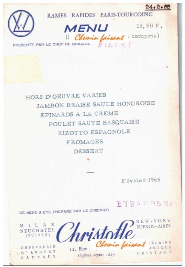 Menu Du ??/02/1965 SNCF Paris-Tourcoing - CHRISTOFLE - Menus