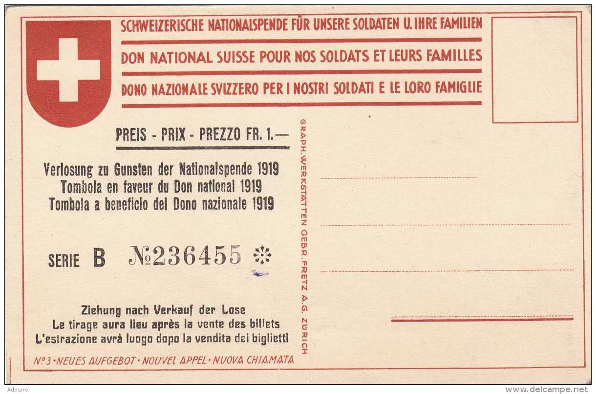 SCHWEIZER NATIONALSPENDEKARTE 1919 - Los Zu Gunsten Der Nationalspende, Tombola, Abgeschürfte Stelle (weißer Fleck) - Chur