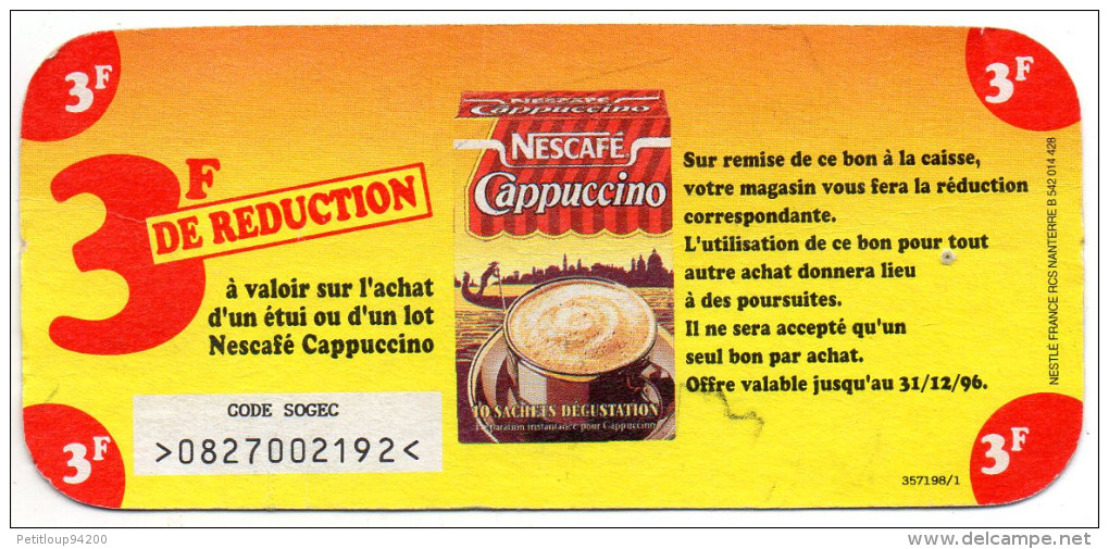 PUBLICITE BON DE REDUCTION  Nescafe Cappuccino  1996 - Cioccolato