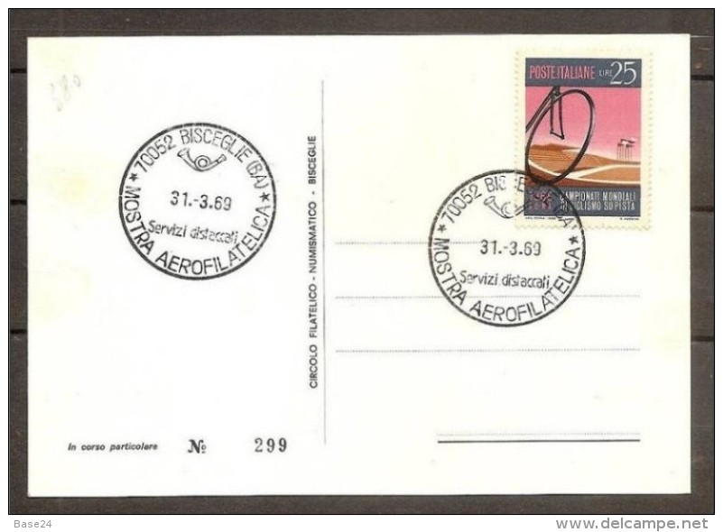 1969 Italia Italy Repubblica RASSEGNA DI AEROFILATELIA BISCEGLIE, BARI Cartolina N°302 Affr.25L Baracca Annullo Speciale - Esposizioni Filateliche