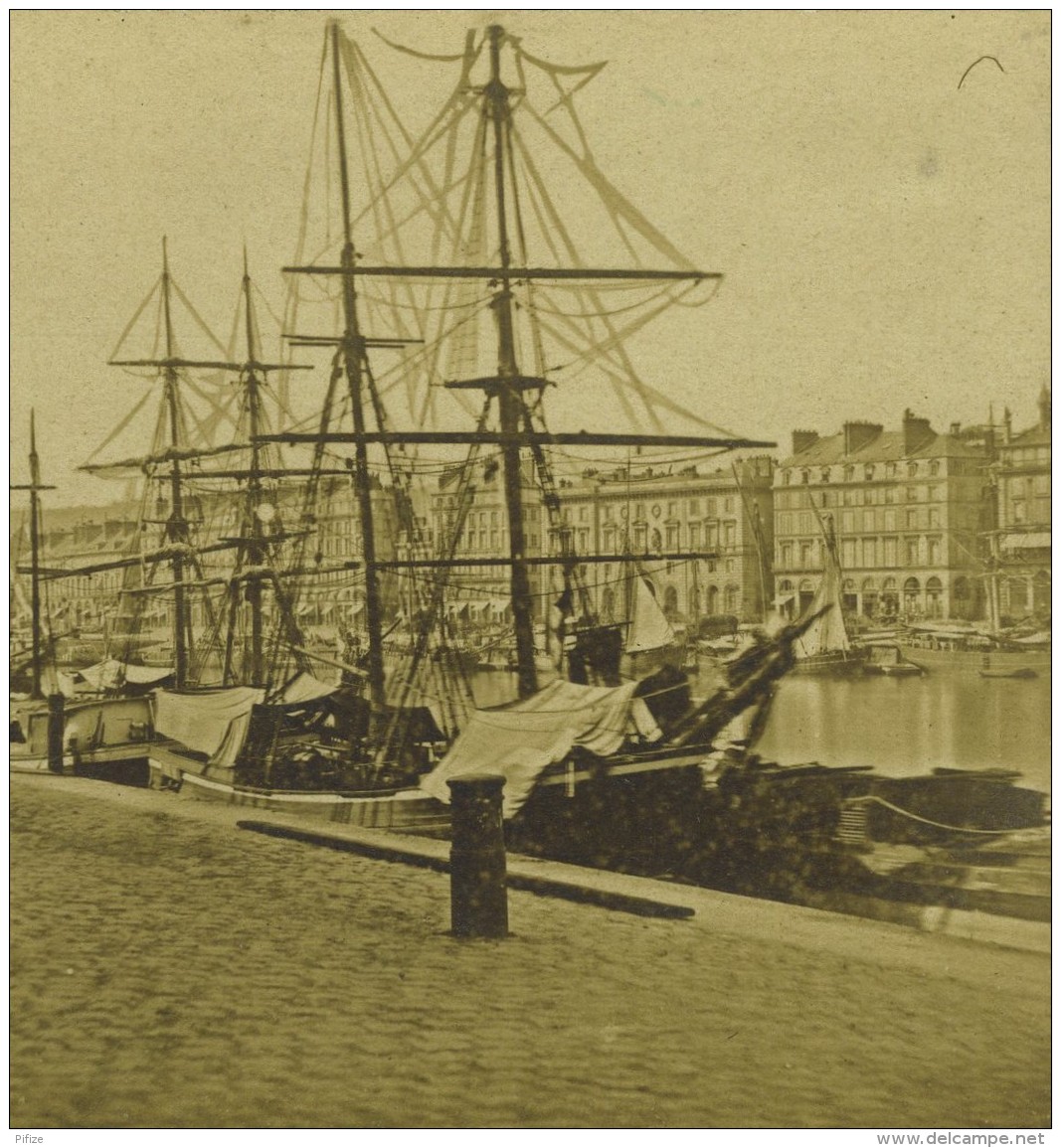 Stéréo 1860-70 Hippolyte Jouvin. Voyage En Normandie. Port De Rouen. Voilier. - Stereoscopic